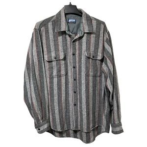 Men's Striped Button-Up Shirt Jacket - Gray/Black with Subtle Red Stripe